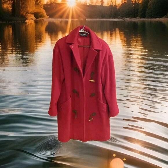JG Hook Wool Coat womans Large Vtg 80's Red Long Double-Breasted Coat trench USA - Picture 2 of 7